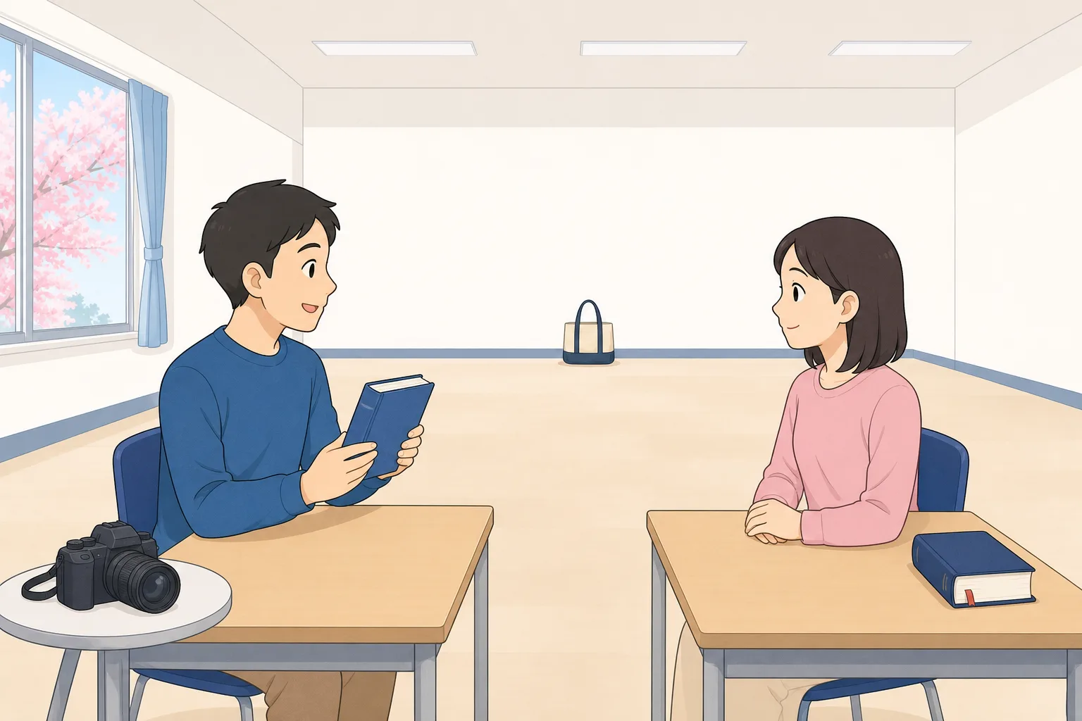 Classroom practice scene with a book near the speaker, a dictionary near the listener, a camera near the speaker, and a bag far away