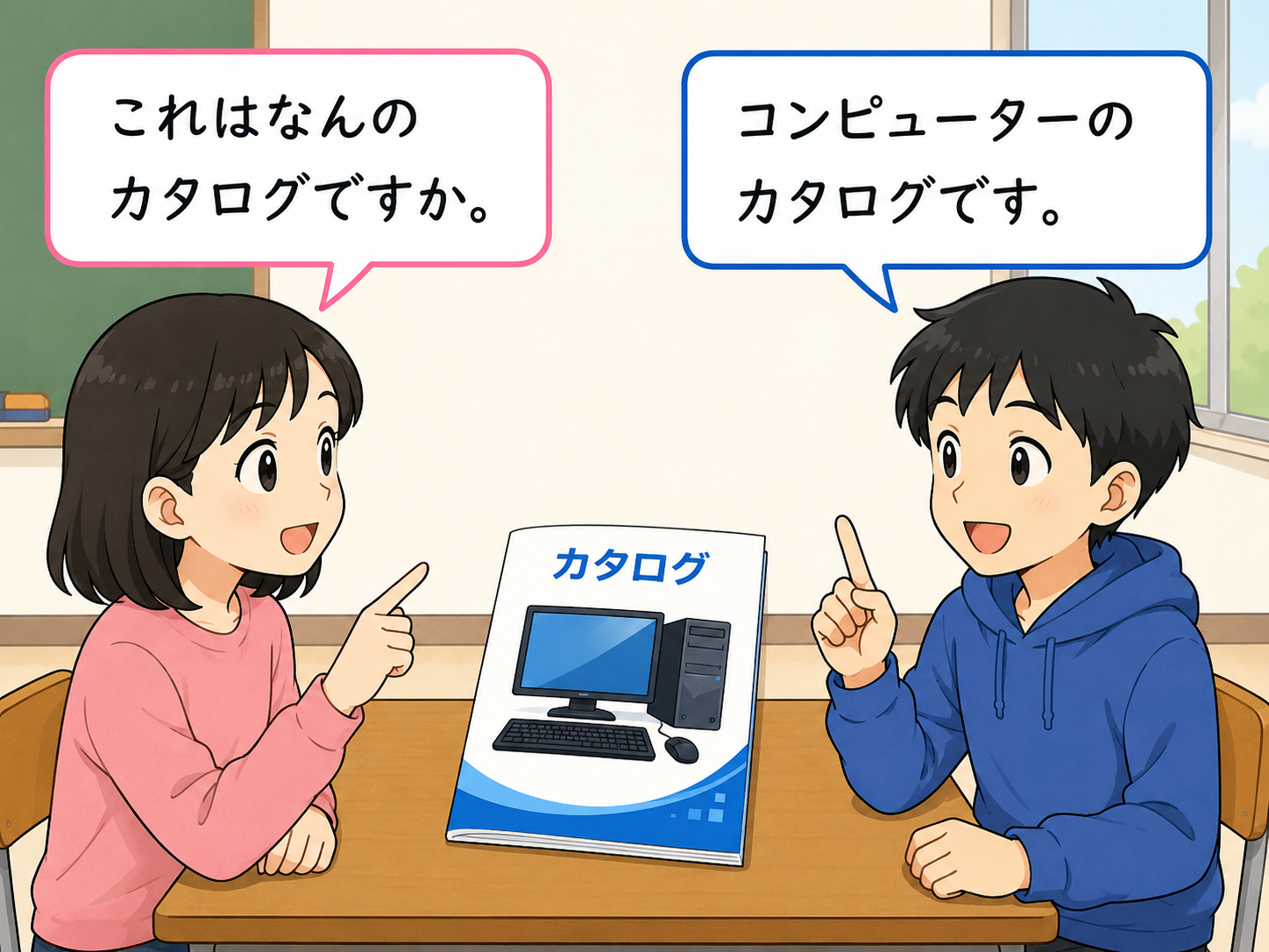 Dialogue showing これはなんのカタログですか and コンピューターのカタログです