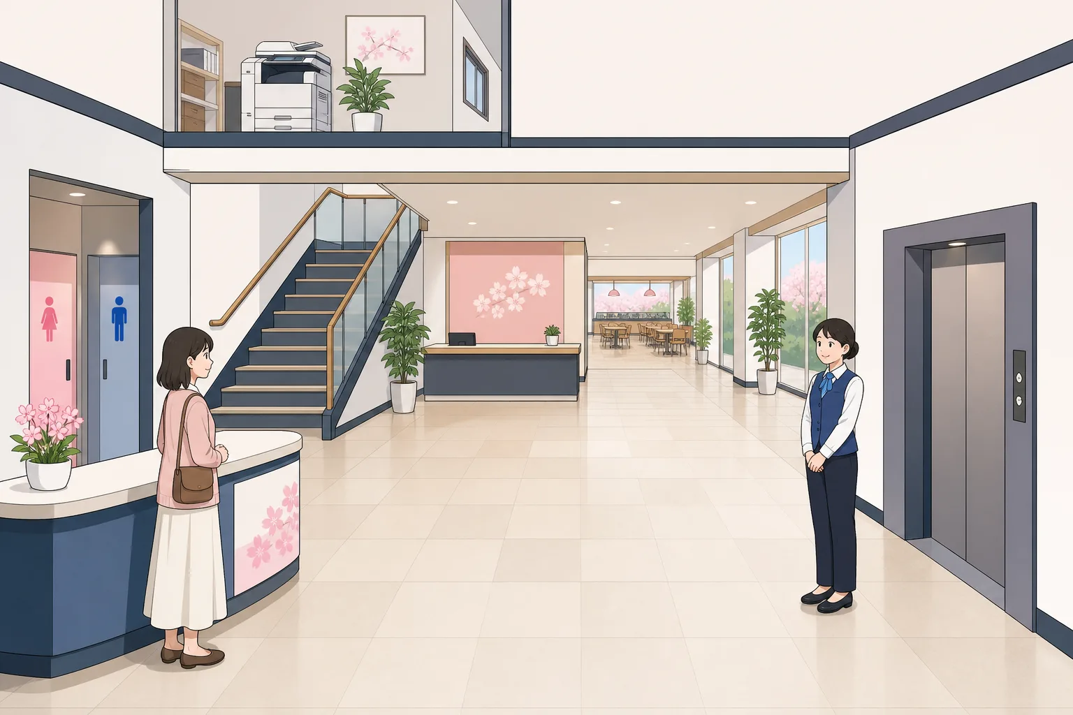 School lobby practice scene with a visitor near the restroom, a staff member near the elevator, a reception desk across the lobby, a distant cafeteria, and a copier upstairs