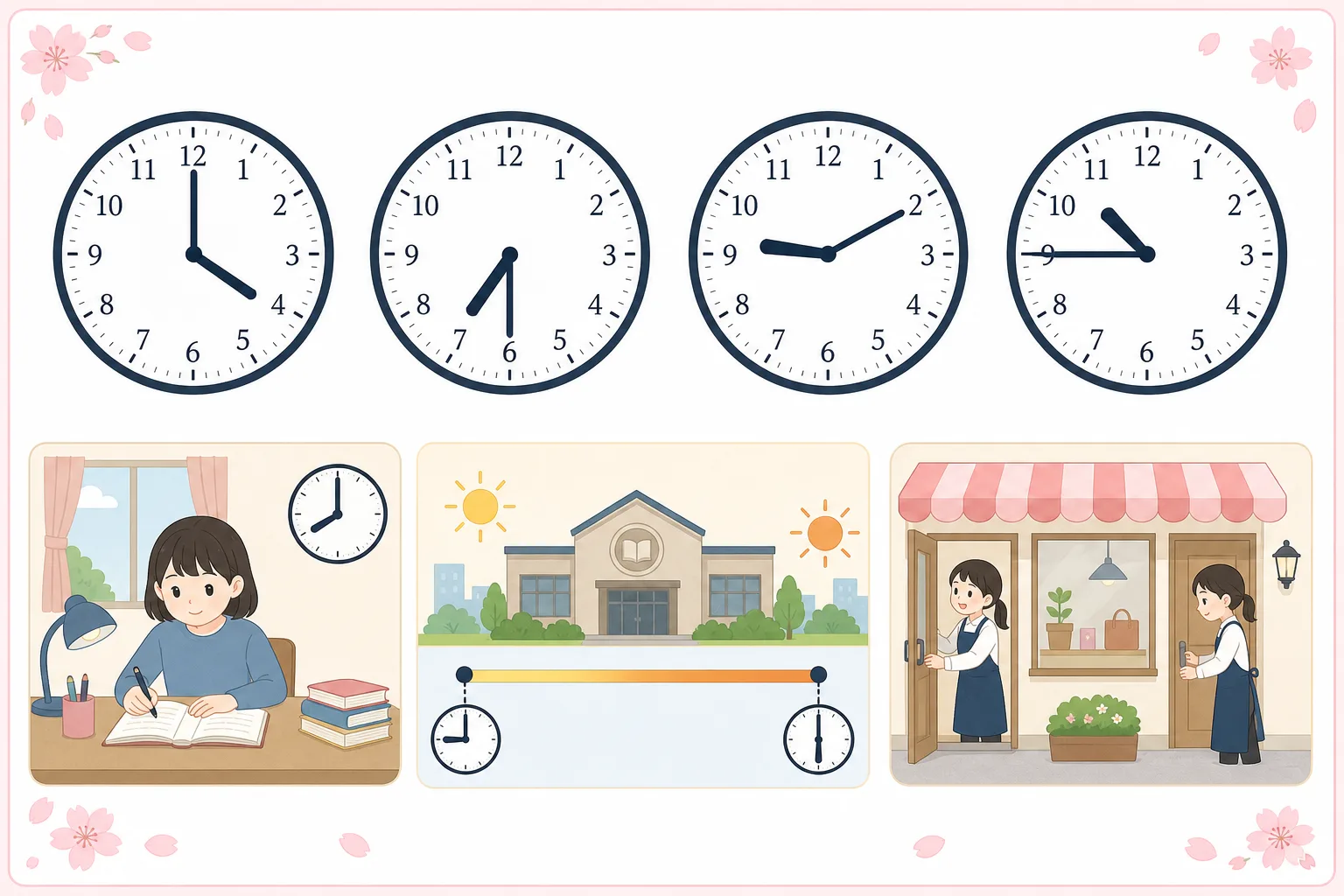 Time practice sheet with four clocks, a study routine, library opening hours, and a shop opening and closing