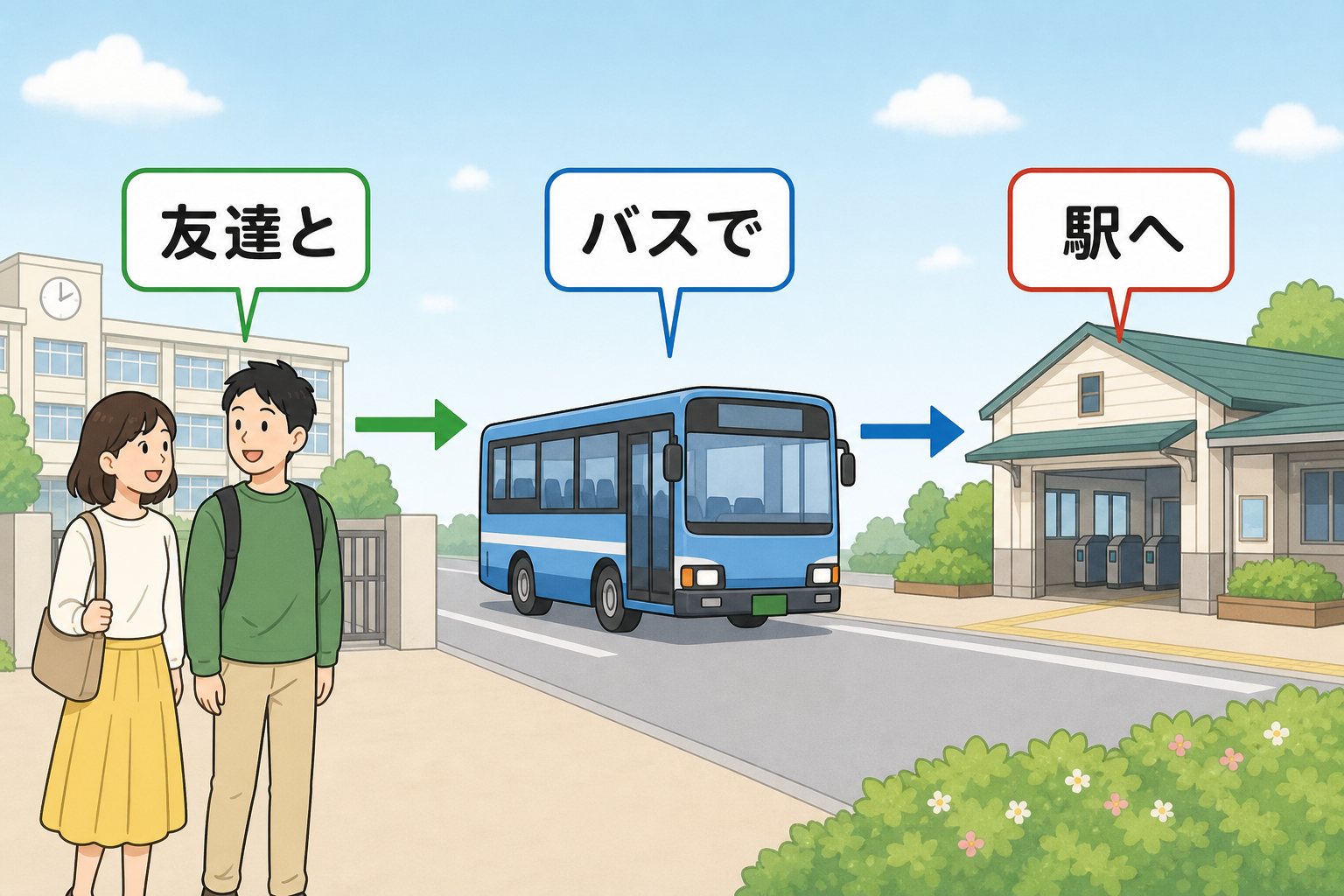 Illustrated route showing a trip from school to the station with a friend by bus