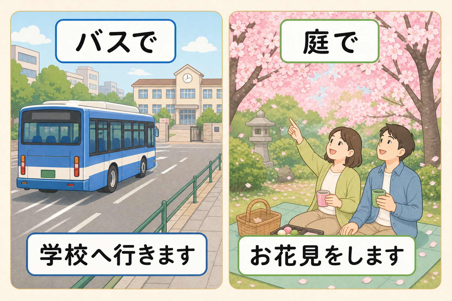Side-by-side illustration contrasting a bus as the way to travel to school with a garden as the place for flower viewing